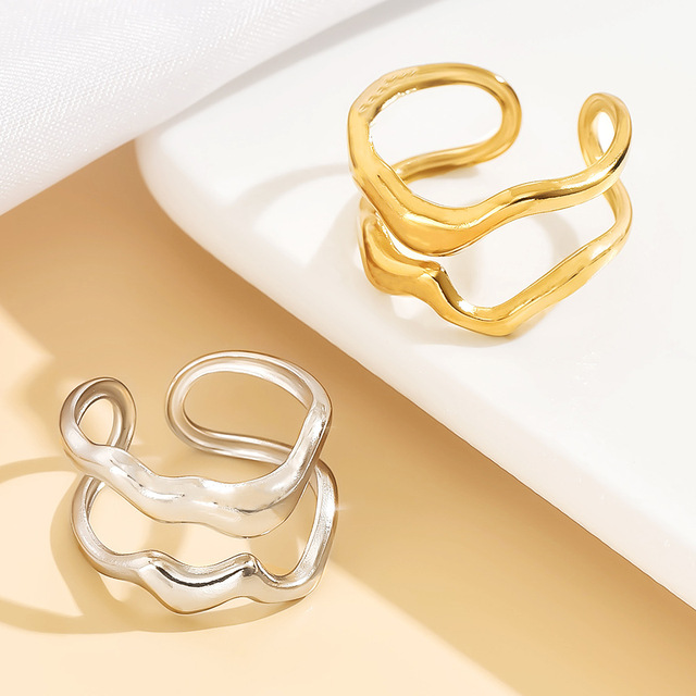 Stainless Steel Minimalist Double Row Irregular Line Geometric Adjustable Open Ring for Women
