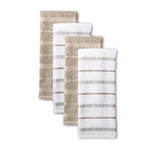 Serviettes de cuisine en coton rayées, rectangulaires, tissées, séchage rapide, écologiques, jetables, lavables en machine, blanc et beige, lot de quatre - Product Image 1
