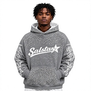 Custom <b>Grey</b> Rhinestone Pullover Hoodie with Graphic Sleeves, Oversized Streetwear <b>Sweatshirt</b>, Premium Custom Logo Hoodie for Men - Product Image 1
