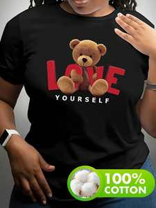 T-shirt Love Yourself con orsetto di peluche, manica corta, girocollo, casual, in puro cotone, estiva, unisex, vestibilità regolare, stampa cartoon - Product Image 3
