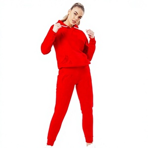 Ensemble de survêtement décontracté pour femmes, deux pièces, rouge uni, sweat à capuche et pantalon de jogging, vente en gros OEM, vêtements de sport - Product Image 1