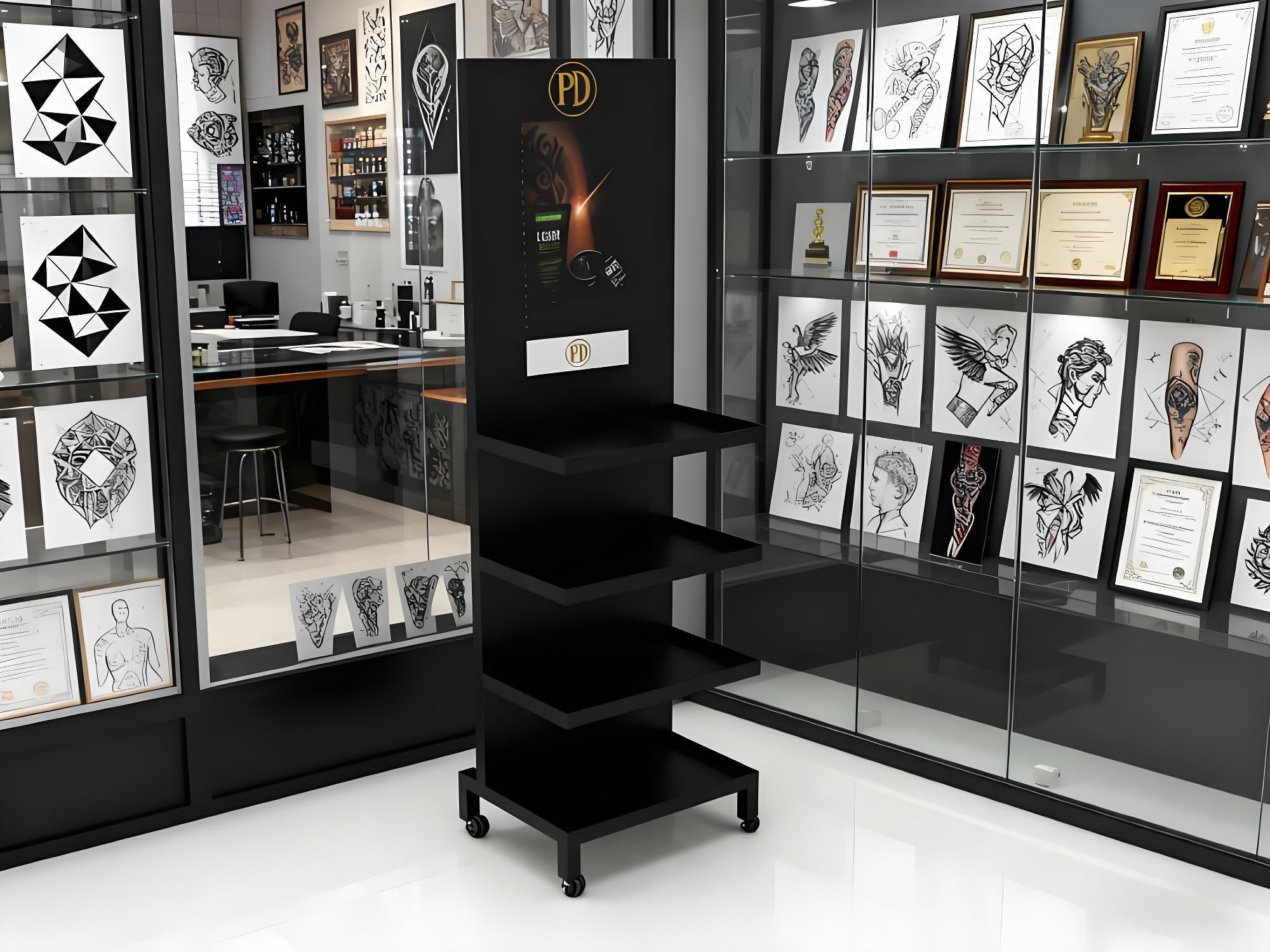 Apache Custom Metal Single-Side Floor Display Stand for Tattoo Shop Shelves for Beauty Salon, and Premium Skincare Boutiques — view 3
