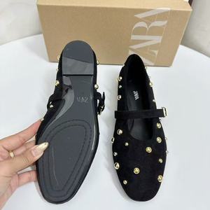 ZA Espagne 2026 Nouvelle Collection Été – Ballerines Respirantes à Bride Unique, Bout Rond, Rivets, en Daim Noir et Marron pour Femme - Product Image 4