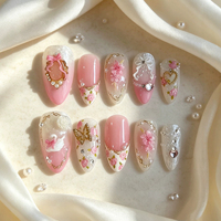 OEM ODM Faux ongles à presser faits main, motifs fleurs 3D, strass, perles, style français, en acrylique, réutilisables, avec logo personnalisé, vente en gros