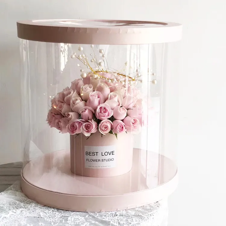 新しいデザイン豪華な丸い窓PVC巨大な抱擁バケツ丸いバラディスプレイボックス花の花束包装ボックス