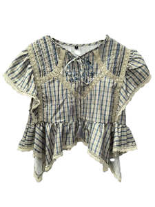 Blusa de Algodón a Cuadros para Mujer con Ribete de Encaje, Manga con Volantes, Cuello en V, Corte Holgado, Estilo Prairie Chic, Ropa Casual de Primavera/Verano - Product Image 1