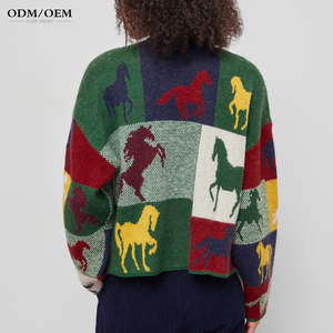 Suéter Jacquard Personalizado para Mujer, Diseño de Bloques de Color con Patrón de Caballo, Suéter Holgado de Punto - Product Image 2