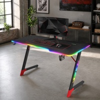 Escritorio para Juegos en Forma de Z, Superficie de Madera MDF de 18 mm de Grosor, Patas Laterales Completas, Puertos USB, Iluminación LED RGB, Portavasos, Gancho para Auriculares