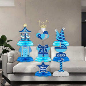 Decorazione per festa di compleanno moderna a tema blu rivela il genere del neonato con ornamento digitale della tavola della palla a nido d'ape di un anno - Product Image 1