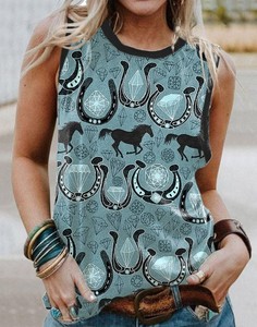<strong>Women</strong> Western <strong>Cowboy</strong> Print Sleeveless Tank Top Vintage Country Horse Horseshoe Graphic Casual Summer Vest T <strong>Shirts</strong> Wholesale - Product Image 1