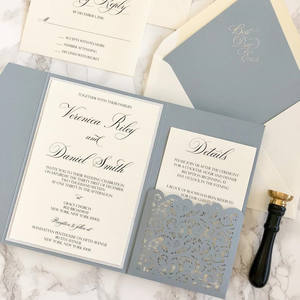 Suite d'invitation de mariage élégante à paillettes bleu poussiéreux découpées au laser à trois volets pour anniversaire Sweet 15 16 - Product Image 4