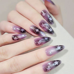 Logotipo personalizado <span class=keywords><strong>Pretty</strong></span> CAT Eyes Uñas postizas con pegamento Short Almond Abs Press on Nail Dark Purple Black Stars Charms Design Nail Tips - Product Image 3