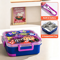 Boîte à bento C712 carrée pour l'extérieur, mignonne, anti-fuite, en acier inoxydable 304, colorée, 3 compartiments, avec cuillère
