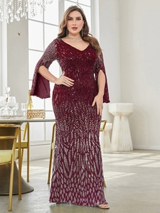 Robes de soirée de <span class=keywords><strong>luxe</strong></span> LY2123D pour femmes grandes tailles, élégantes, col en V, manches longues, sequins, pour soirée formelle, bal - Product Image 4