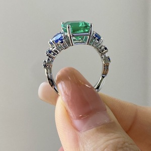 <b>Silver</b> Alloy <b>Ring</b> With <b>Emerald</b> Cut Green Stone And Blue Accents Prong Setting Geometric Design For Women Gift Jewelry - Product Image 3