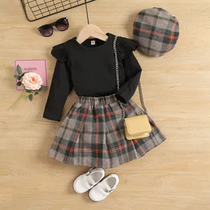 Autumn girls clothing girls knitted pullover plaid pleated skirt with hat three-piece girls clothes set