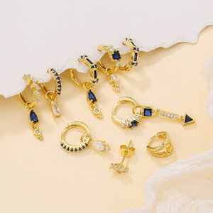 ZUOLA Ensemble de 9 boucles d'oreilles modernes en saphir et zircon, design empilable en or 18 carats, chic et sophistiqué, pour les affaires - Product Image 4