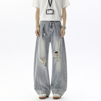Pantalon homme coupe slim taille haute en denim déchiré style rétro, jambe large, coupe droite, pour le streetwear américain