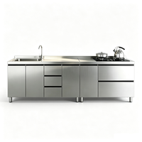Meuble de cuisine professionnel en acier inoxydable avec évier et plaque de cuisson, plan de travail de cuisine intégré sur mesure pour projet de restauration