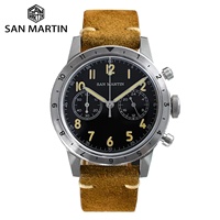 San Martin – montre de luxe pour hommes, style Sport Vintage, VK64, chronographe pilote, en acier inoxydable, bracelet en cuir, rétro lumineux, 39.5mm
