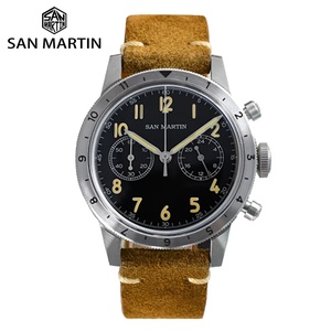 San Martin 39.5mm Vintage Men Watch Style VK64 Pilot Type <b>Chronograph</b> Leather Watches Retro Luminous 10Bar SN0127G - Product Image 1