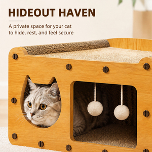 Maison à gratter pour chat en bois, avec tapis à gratter ondulé, abri pour chat avec balles suspendues, installation facile, mobilier d'intérieur pour animaux de compagnie - Product Image 5