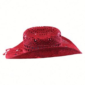 Sombrero de Paja para Viajes y Vacaciones con Diseño Calado, Sombrero de Vaquero Rojo de Moda para Mujer/Niña con Cinturón Trenzado - Product Image 5