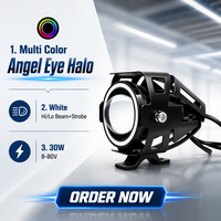 Projecteur de moto JHS U7 Angel Eye 30W, faisceau blanc Hi/Lo, stroboscope, étanche IP67, lumière auxiliaire moto, anneau halo multicolore, OEM