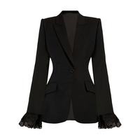 Jaket Blazer Wanita Model V-Neck Berbahan Nonwoven Solid dengan Kancing Tunggal dan Hiasan Kancing