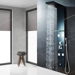 Panel <span class=keywords><strong>de</strong></span> <span class=keywords><strong>ducha</strong></span> <span class=keywords><strong>de</strong></span> acero inoxidable negro moderno, chorro <span class=keywords><strong>de</strong></span> masaje, patrones <span class=keywords><strong>de</strong></span> pulverización, <span class=keywords><strong>ducha</strong></span> <span class=keywords><strong>frontal</strong></span> cepillada, accesorios para hoteles, válvula <span class=keywords><strong>de</strong></span> cerámica - Product Image 1