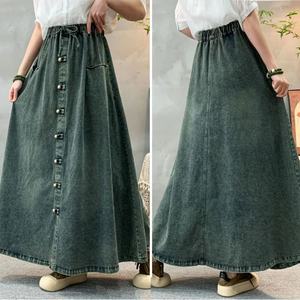 <span class=keywords><strong>2025</strong></span> automne décontracté a-ligne taille haute évasée longue Maxi dames taille ceinture bouton poches ample Denim jean jupe pour les femmes - Product Image 1