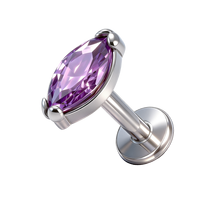 Piercing Labret en Titane ASTM F136 G23 avec Zircon Cubique Violet Marquise, Plaqué Or, Filetage Interne, pour Cartilage, Tragus, Hélix, Conch