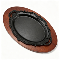 Piring Sizzler Oval Enamel Cast Iron 19/24cm dengan Alas Kayu, Motif Bunga, Aman untuk Kompor, Cocok untuk Restoran & Rumah, OEM Custom