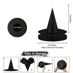 Chapeau de sorcier d'Halloween, 12 pièces, chapeau de sorcière pointu noir avec ligne de pêche pour décoration de fête - Product Image 5