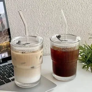 Оптовая продажа, ребристая простая вертикальная полоска, стеклянная кружка для чая со льдом, кофе, молока, простой стиль, прозрачные стаканы с трубочкой