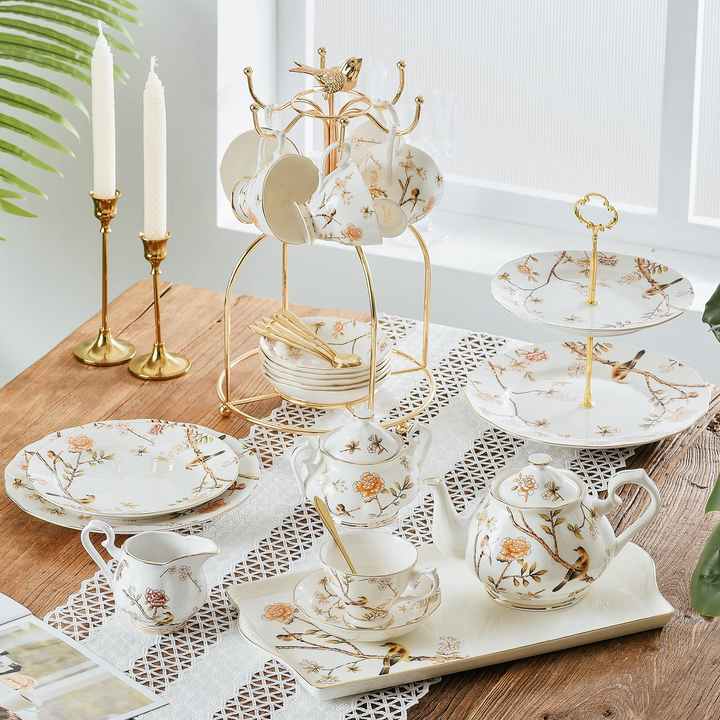 Porcelain Teapot With Lid Vintage Ceramic Tea Pot With Filter for Tea Coffee Water Teaparty Home,34oz