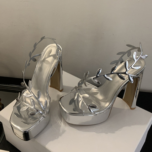 Square Open Toe Women Patent Thick Platform Sandals High Chunky Heels Leaves <b>Decor</b> <b>Summer</b> PVC Strap on Shoes - Product Image 4
