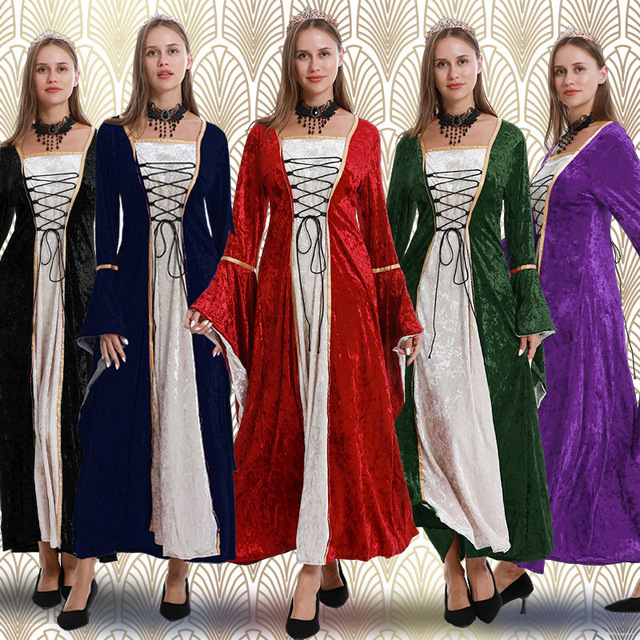 Women's Medieval Velvet Dress S-5XL Flared Sleeve Retro Stage Performance Costume European Style Gold Tie Waist