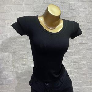 เสื้อยืดแขนสั้นสำหรับผู้หญิงใส่ฤดูร้อนลำลองสร้างแรงบันดาลใจให้กับดาราอินเทอร์เน็ตผ้าถักหน้าอกใหญ่คอแน่นสีพื้น - Product Image 3