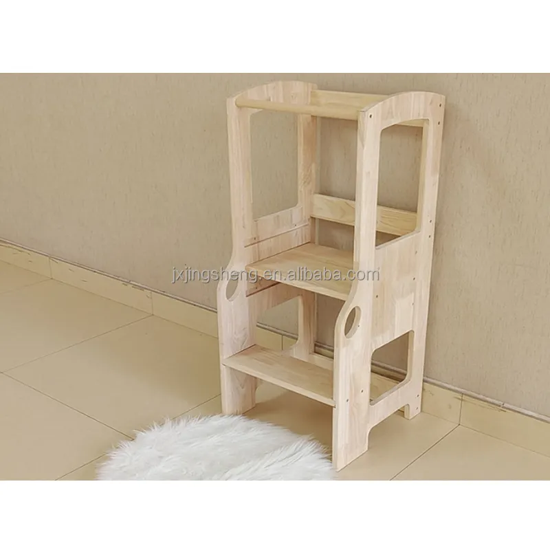 Durable Rubber Wood Step Up Stool Toddler Kitchen Learning Tower Montessori Furniture