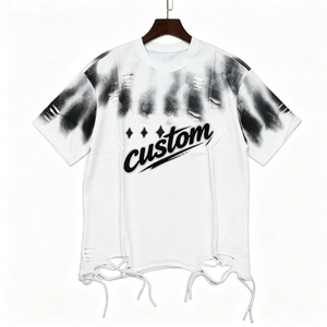 T-shirt blanc à manches courtes pour homme personnalisé avec motif tie-dye noir, col rond, coupe ample, style streetwear, jersey en coton - Product Image 1