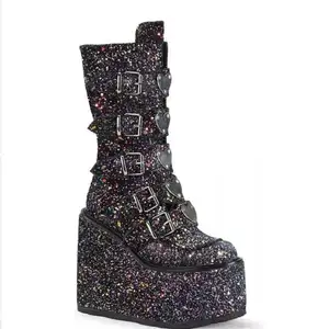 Sonbahar kış ayakkabı fermuar Martin kalın alt Glitter çizmeler takozlar Boots pembe diz yüksek çizmeler sahne çizmeler