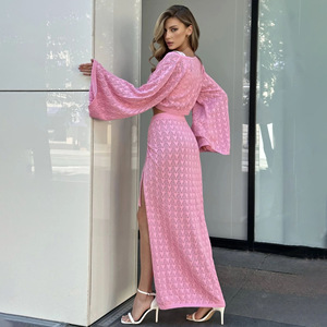 Wholesale Sexy <b>Knit</b> <b>Set</b> Pink Cut Out Swimsuit Cover Up Vacation Style <b>Knit</b> Beach Dress Women's Summer Bell Sleeve Lace-up Loose - Product Image 3