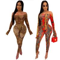 Großhandel sexy Schlangen leder von der Schulter Flare Ärmel Bodysuit 2 Stück Set Frauen Clubwear