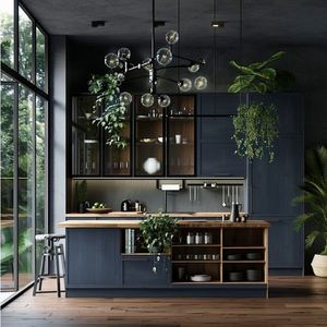Gabinetes de cocina de madera maciza de lujo moderno con gabinetes de base de pintura brillante Diseño organizador de barra de cocina - Product Image 5
