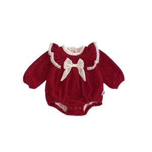 Hiver Nouveau Bébé Fille Casual Festive Red Baby Romper Long-sleeved Fat-wrap Fleece-lined Bow Button Closure New Year's Clothes - Product Image 5