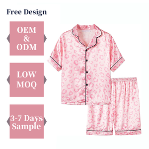 Pyjama pour enfants filles ensemble personnalisable confortable <span class=keywords><strong>été</strong></span> Satin pyjamas pour filles bébé filles chemise Shorts boutonné PJ ensembles - Product Image 1