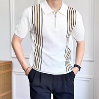 T-shirt à manches courtes pour homme, coupe ajustée, respirant, sans repassage, anti-humidité, tricoté, col à revers, demi-zip, style Old Money, en soie glacée