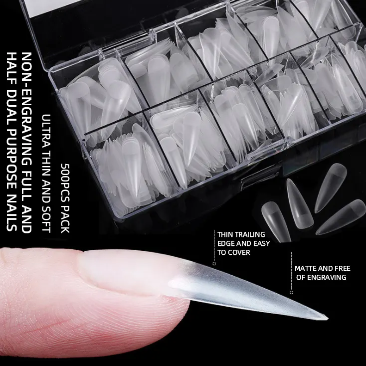 500pcs Pack Long Nail Tips Clear Transparent Cover French Customized Press On Nail Stiletto Full Cover Nail Tips