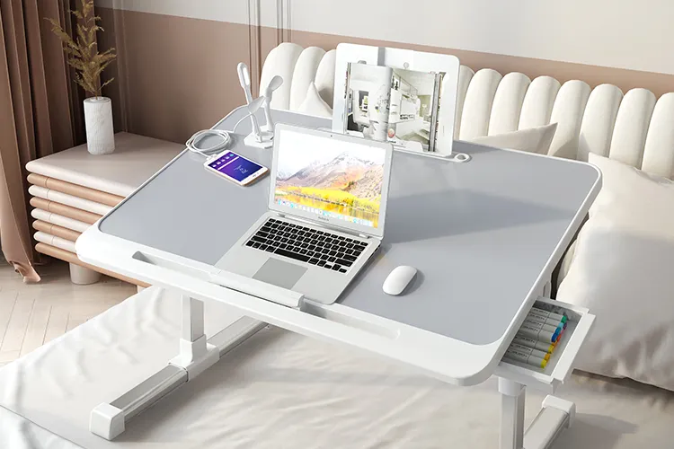 책/태블릿 스탠드 홀더, USB 램프 및 팬이있는 다기능 노트북 스탠드 연구 책상 각도 조정 가능한 접이식 무릎 책상